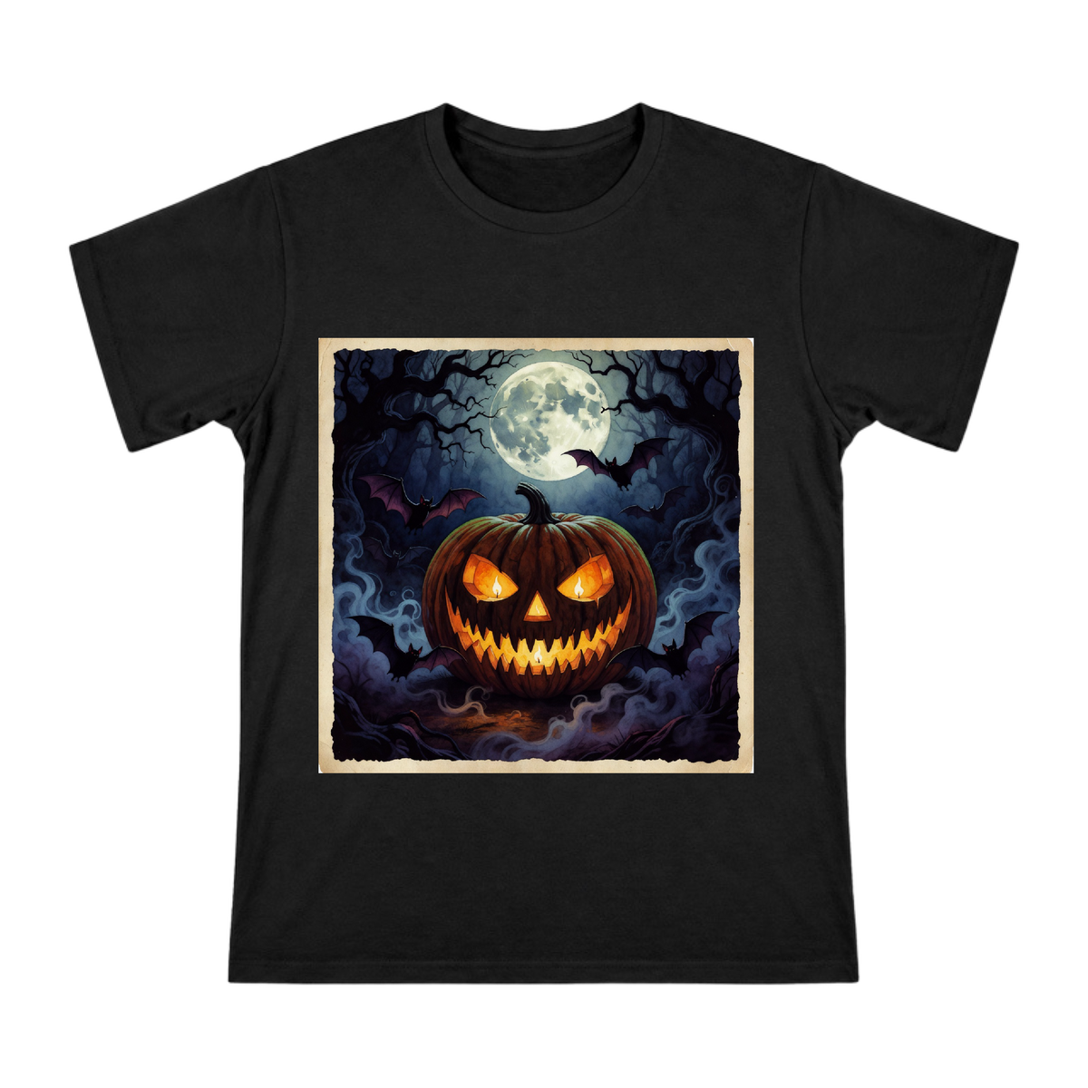 Creepy Jack O Lantern Under Full Moon Men's Cotton T-Shirt front [ai-pod:558170cceae9c6518c3c7d97f59716a8]