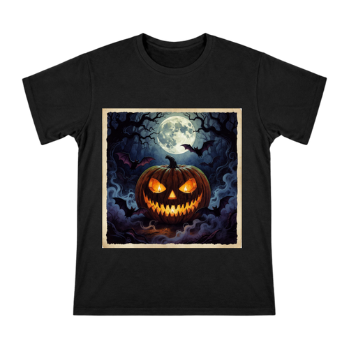 Creepy Jack O Lantern Under Full Moon Men's Cotton T-Shirt front [ai-pod:558170cceae9c6518c3c7d97f59716a8]