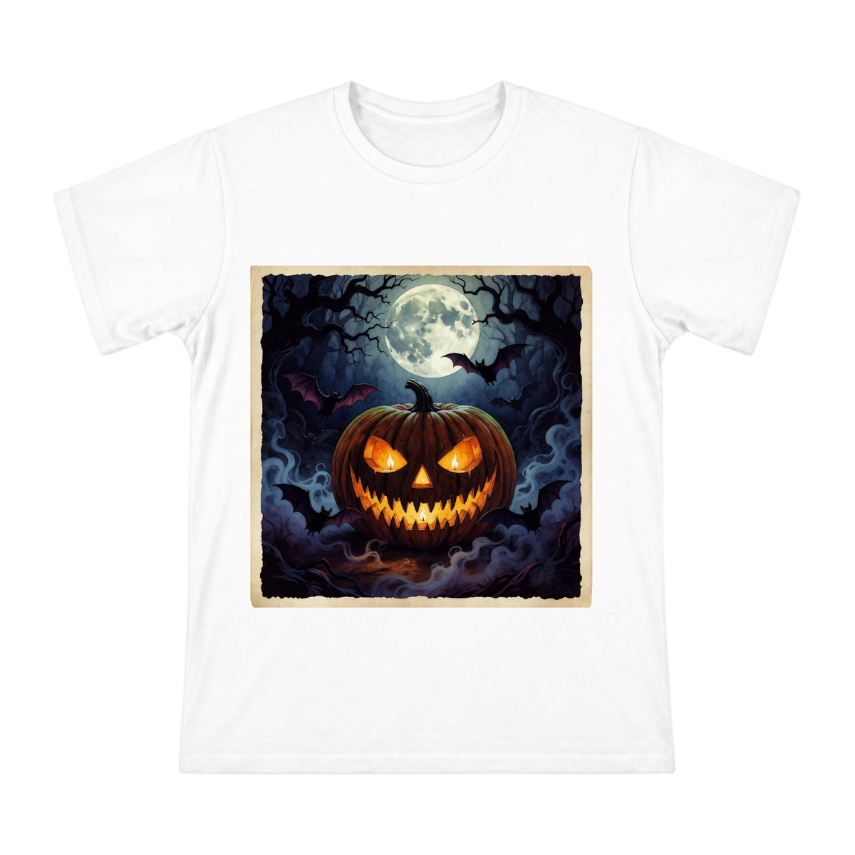 Creepy Jack O Lantern Under Full Moon Men's Cotton T-Shirt front [ai-pod:17ae88b28f7f134d8172edb31f60a26d]