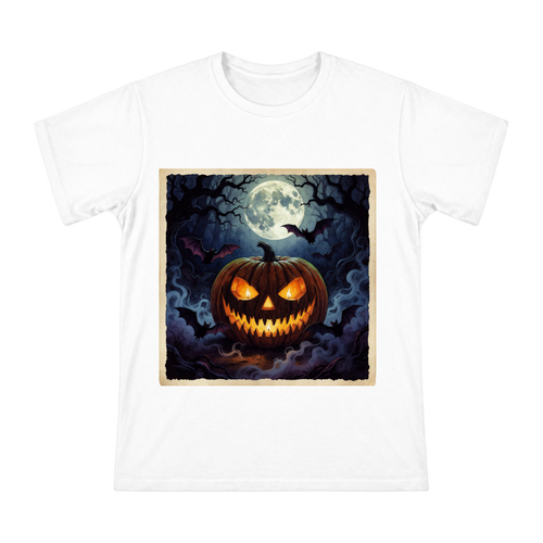Creepy Jack O Lantern Under Full Moon Men's Cotton T-Shirt front [ai-pod:17ae88b28f7f134d8172edb31f60a26d]