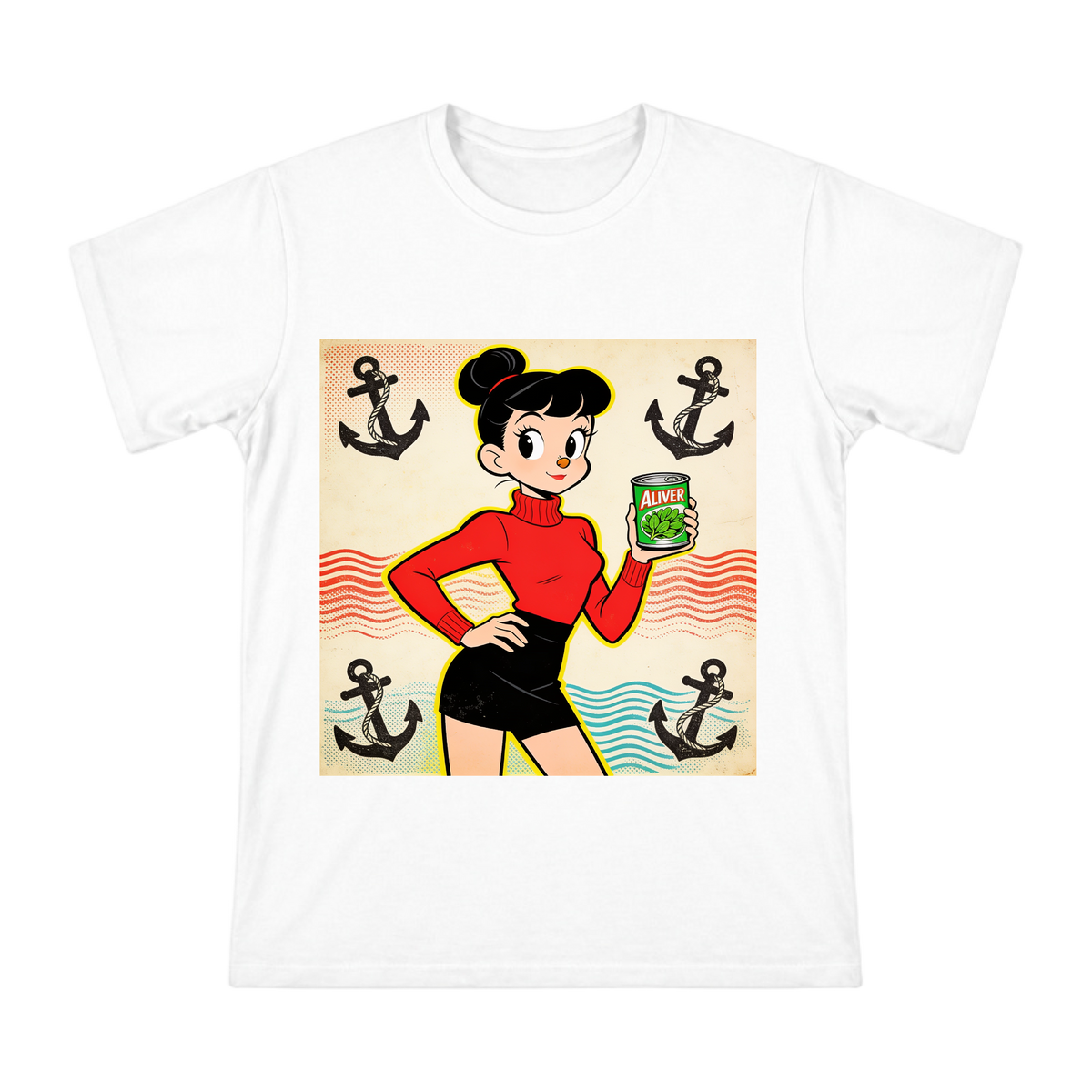 Confident Spinach-Can-Holding Girl in Retro American Comic Style T-Shirt front [ai-pod:f7421a188a7f4f7b78c74171e4eee794]