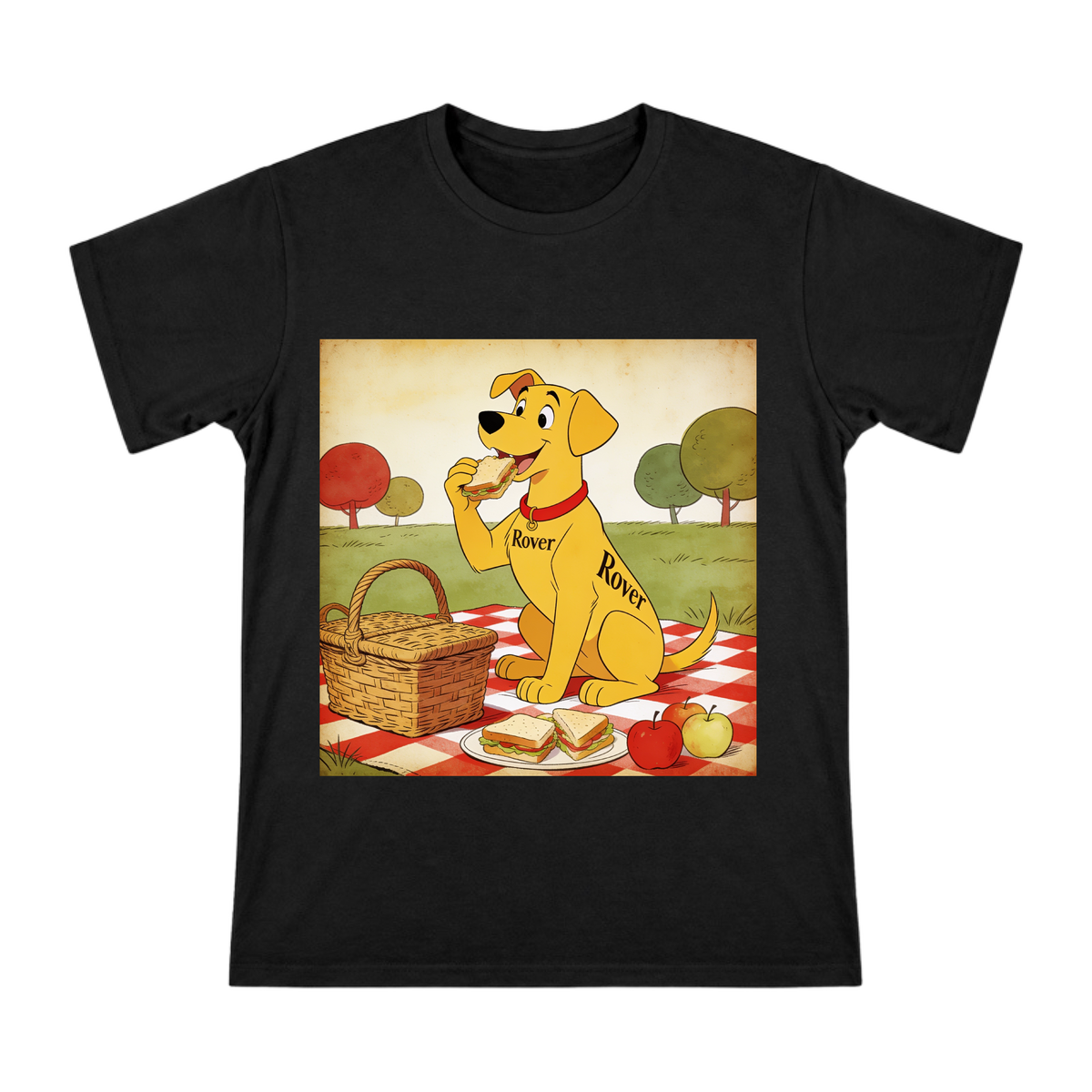 Retro Cartoon Rover Picnic Sandwich Men's Cotton T-Shirt front [ai-pod:c5ee977048c30e36c9ff16ed90d1f334]