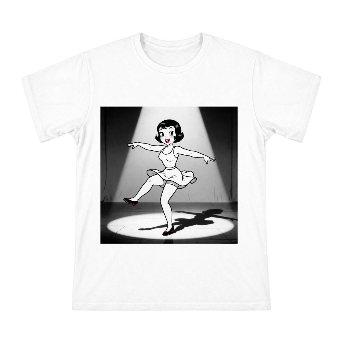 Vintage Jazz Dancing Girl with Bob Hair Men's Custom Print T-Shirt front [ai-pod:d00234e1f31b5c4d638d16a3a1bebe39]