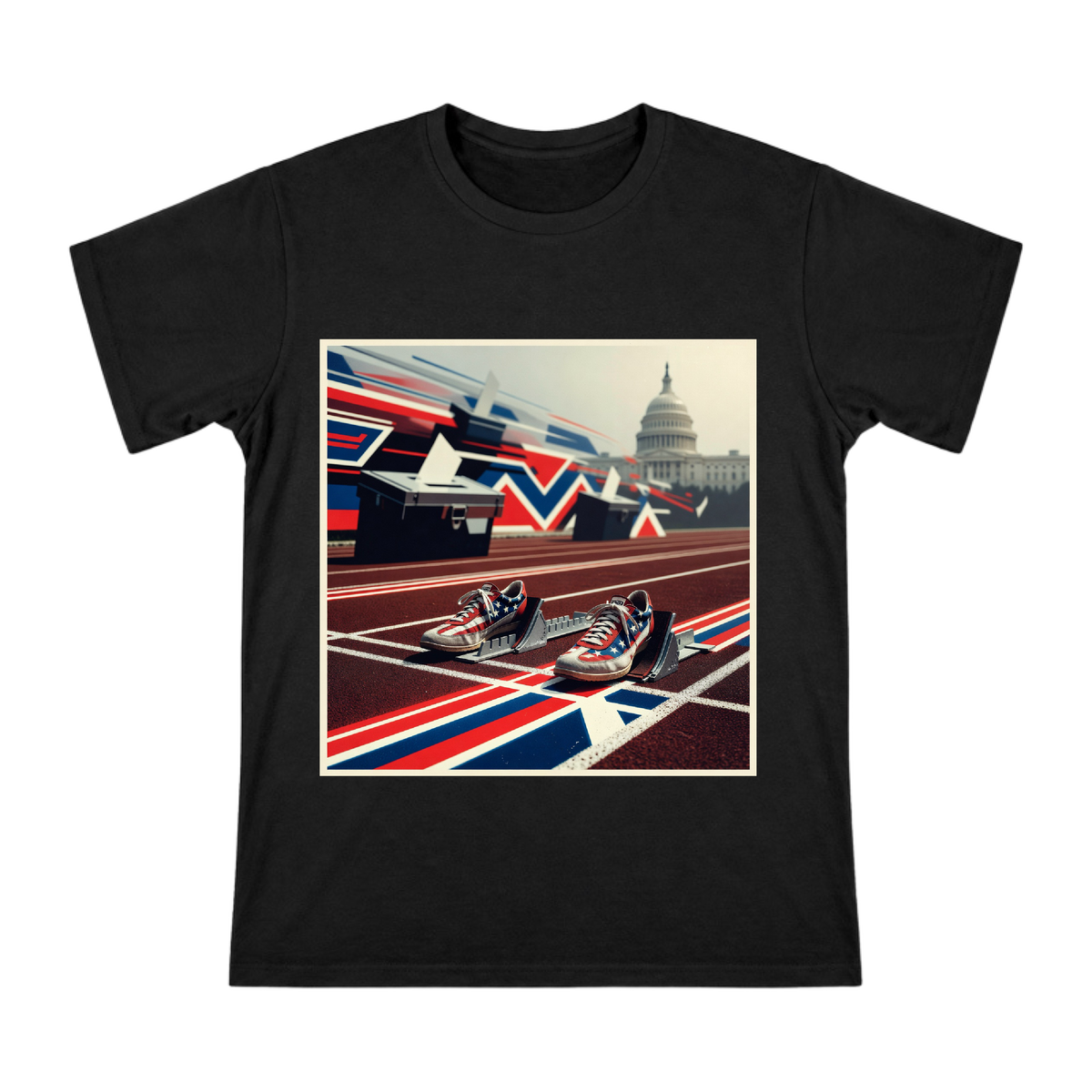 Retro American Flag Track Shoes on Starting Blocks Men's Cotton T-Shirt front [ai-pod:97a354f32bb251e6b70b9f293013dfa3]