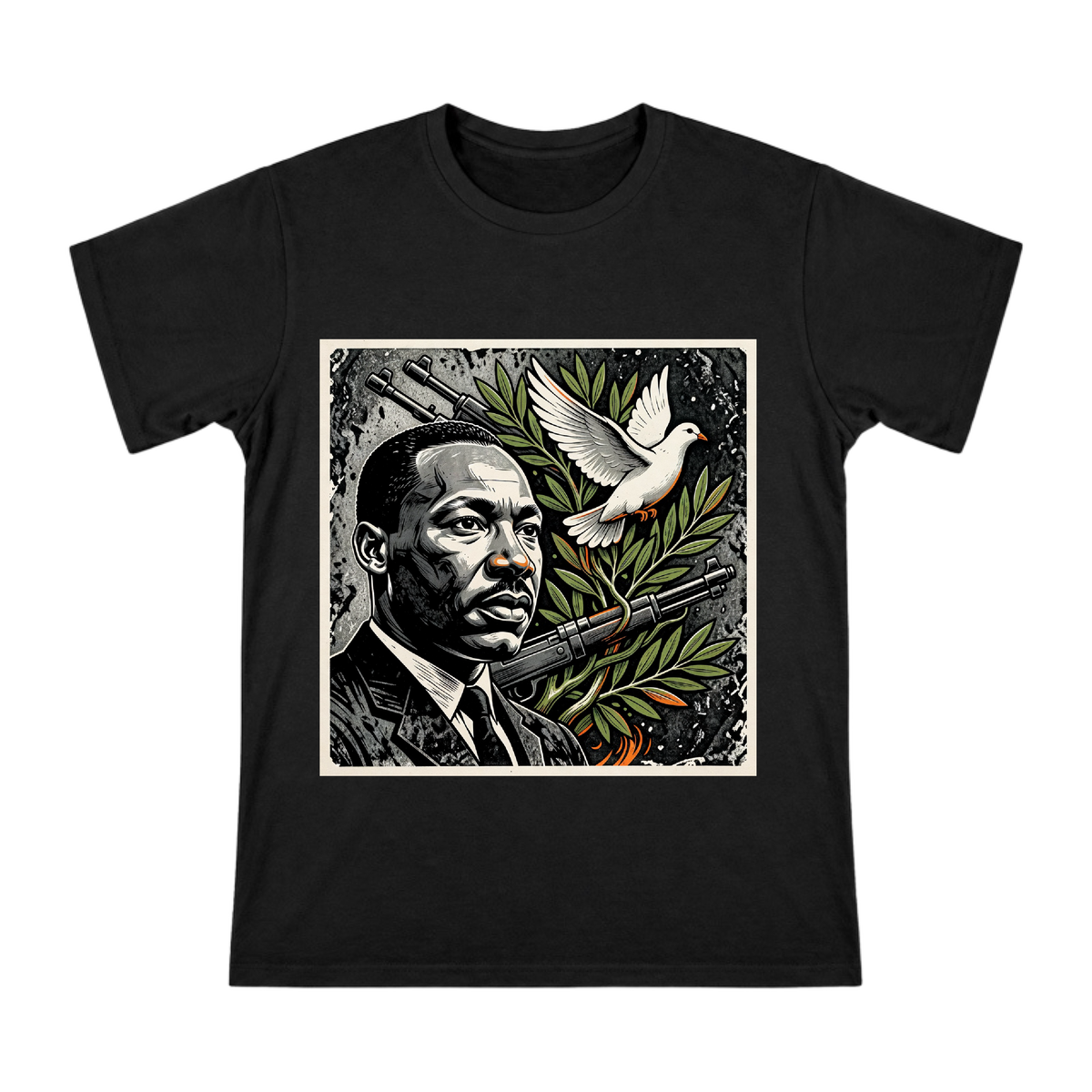 Martin Luther King Jr. Peace Vision with Olive Branch and Dove Men's Custom Short Sleeve T-Shirt front [ai-pod:ca4745b843faa4240a15768dbd25dadf]