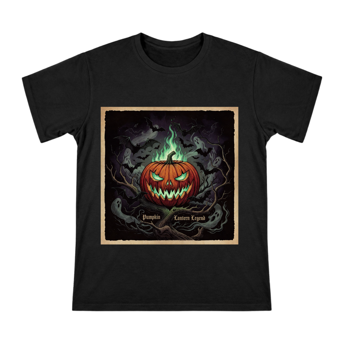 Haunted Jack-O'-Lantern with Emerald Ghost Flame T-Shirt front [ai-pod:b26ed18cc11407a8e3a705a25370d5a8]