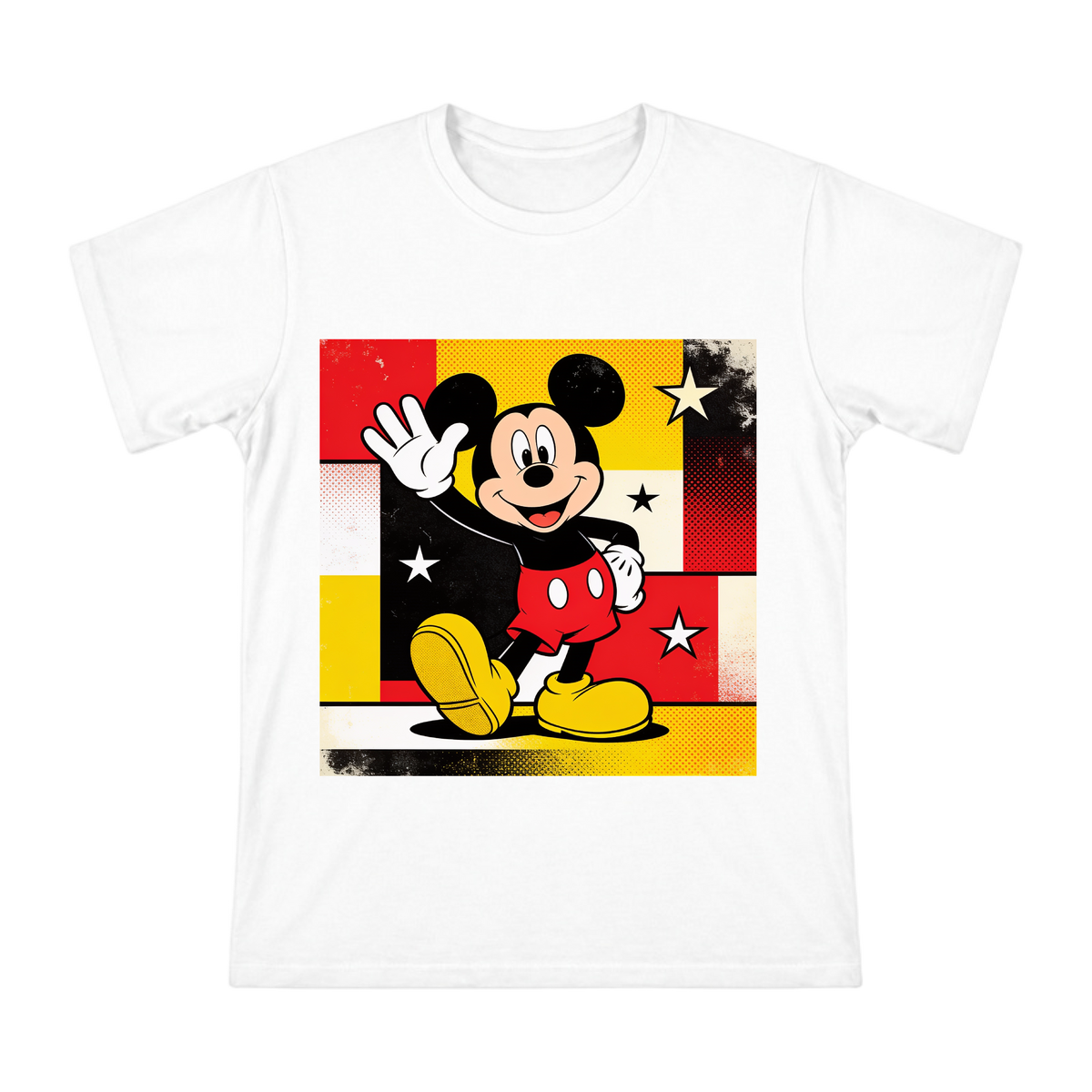 Retro Pop Art Mickey Mouse Waving Men's Custom Print Cotton T-Shirt front [ai-pod:ea760510a480e8daea6e56d40524942f]