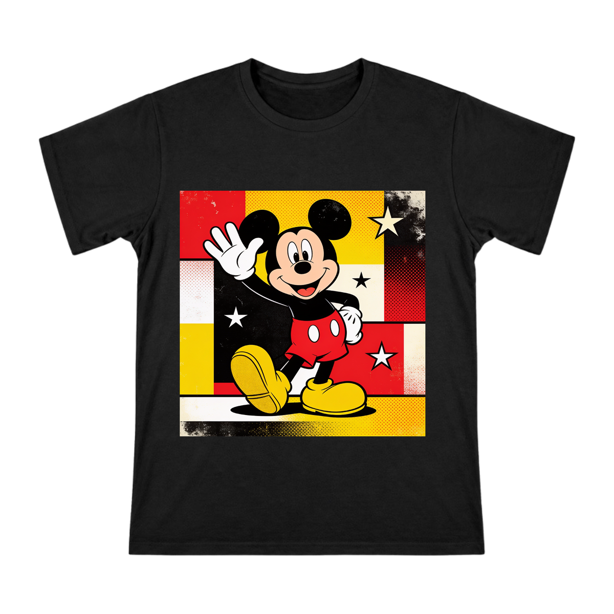Retro Pop Art Mickey Mouse Waving Men's Custom Print Cotton T-Shirt front [ai-pod:92955e9738f4d25c10cd6cf8f6444ca8]