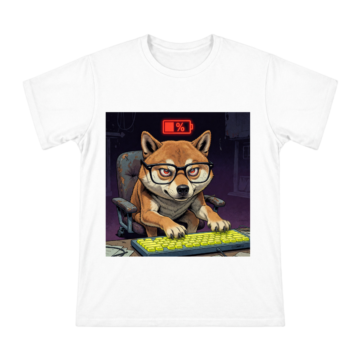 Retro Comic Shiba Inu Typing T-Shirt front [ai-pod:c6764f04065996441a2210eaf74a7eb8]
