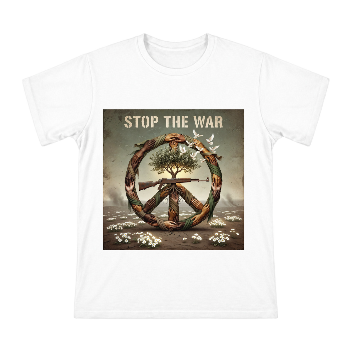 Peace Symbol T-Shirt with Intertwined Arms and Olive Tree front [ai-pod:2d228c05c8ae5dfcb9f46f2555088559]