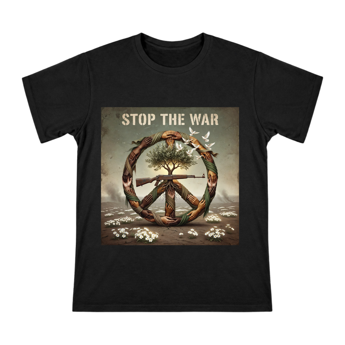 Peace Symbol T-Shirt with Intertwined Arms and Olive Tree front [ai-pod:cd42baae403305fd1d6aa0186fe73851]