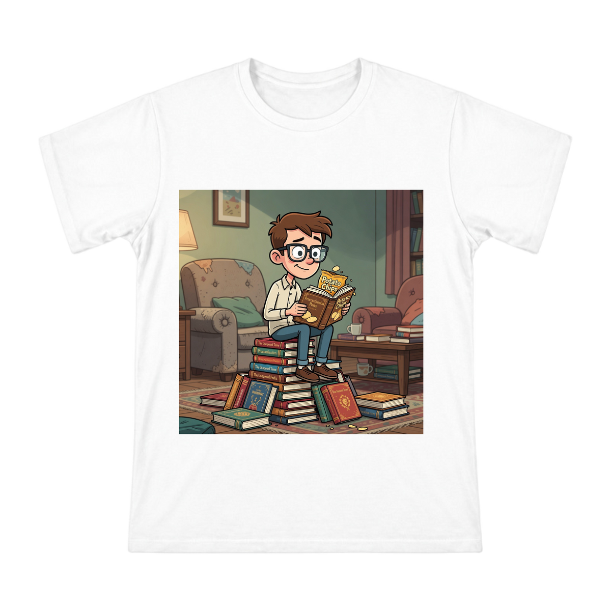 Humorous Student Reading with Hidden Chips Men's T-Shirt front [ai-pod:579b6f39decb1ee5eeef85c9ebb34a5a]