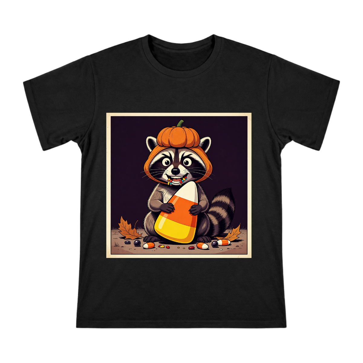 Halloween Raccoon with Pumpkin Head and Giant Candy Corn Men's T-Shirt front [ai-pod:92c01217a2fd58450a31e5ae672785d1]