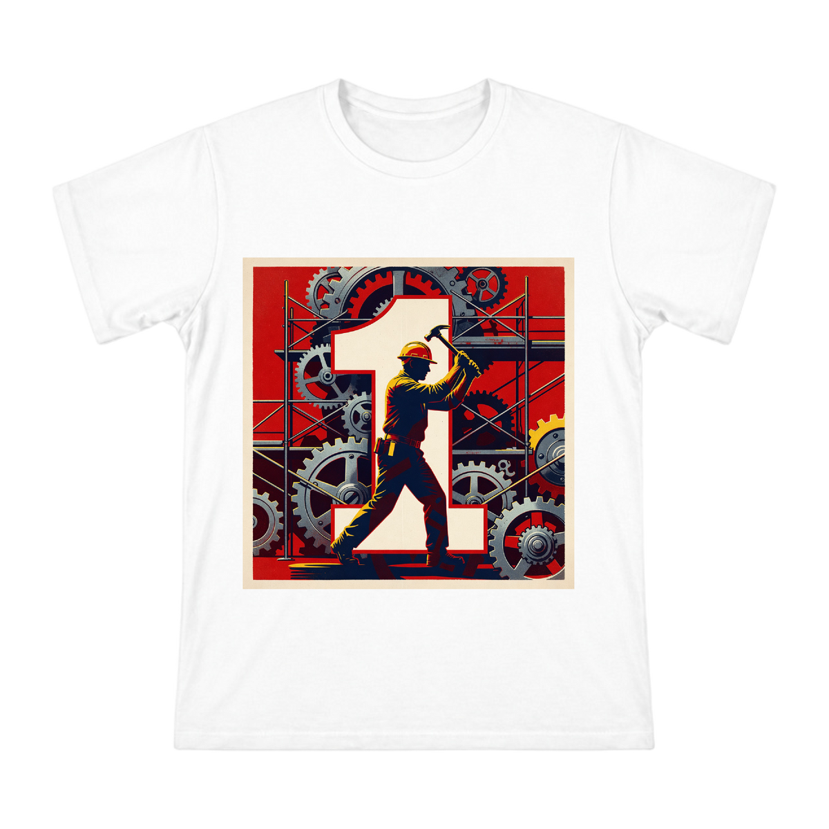 May Day Retro Industrial Worker Silhouette Print Men's Cotton T-Shirt front [ai-pod:c8d5a3b91fcae6b35069f8a672b55247]