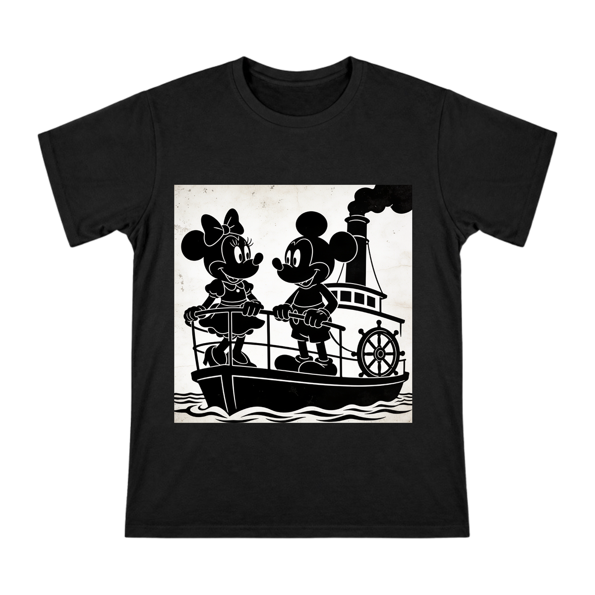 Vintage Mickey and Minnie Mouse Steamboat Silhouette Men's Custom Print Cotton T-Shirt front [ai-pod:8238fd3ad1ebfe9f9ffac5b8a7a7fb6c]