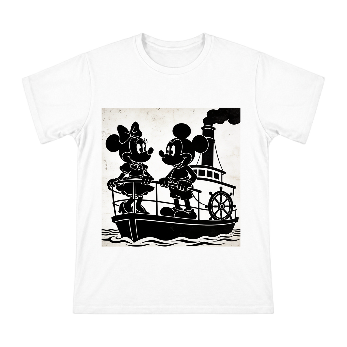 Vintage Mickey and Minnie Mouse Steamboat Silhouette Men's Custom Print Cotton T-Shirt front [ai-pod:c2300aac7b3cc7161875345cf3be2df5]