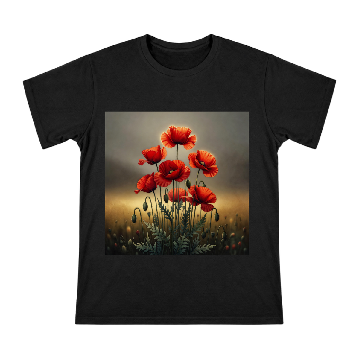 Red Poppies Veterans Day Botanical Illustration Men's Custom Print Cotton T-Shirt front [ai-pod:98c4c531e6d8c1473ab0b78cd02e4133]
