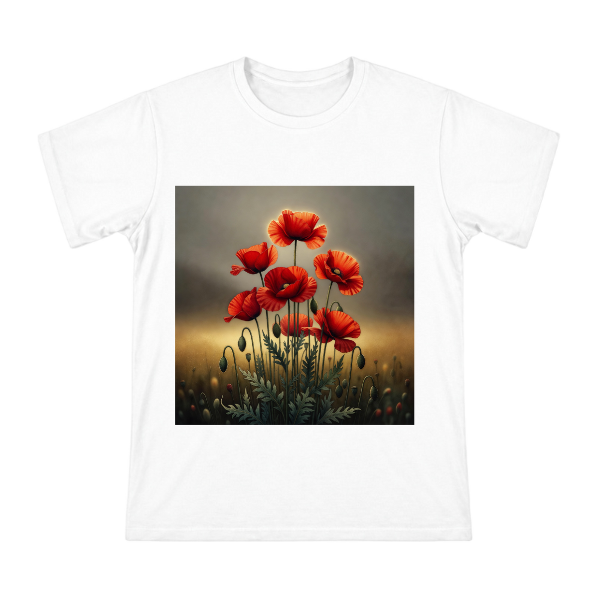 Red Poppies Veterans Day Botanical Illustration Men's Custom Print Cotton T-Shirt front [ai-pod:011c57994c074bb72cd20b2c4511c1e1]