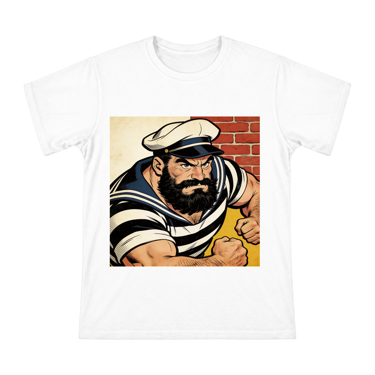 Vintage American Comic Rugged Sailor Print Men's Cotton T-Shirt front [ai-pod:8d8d9e7a6dca099e528beea83246d399]