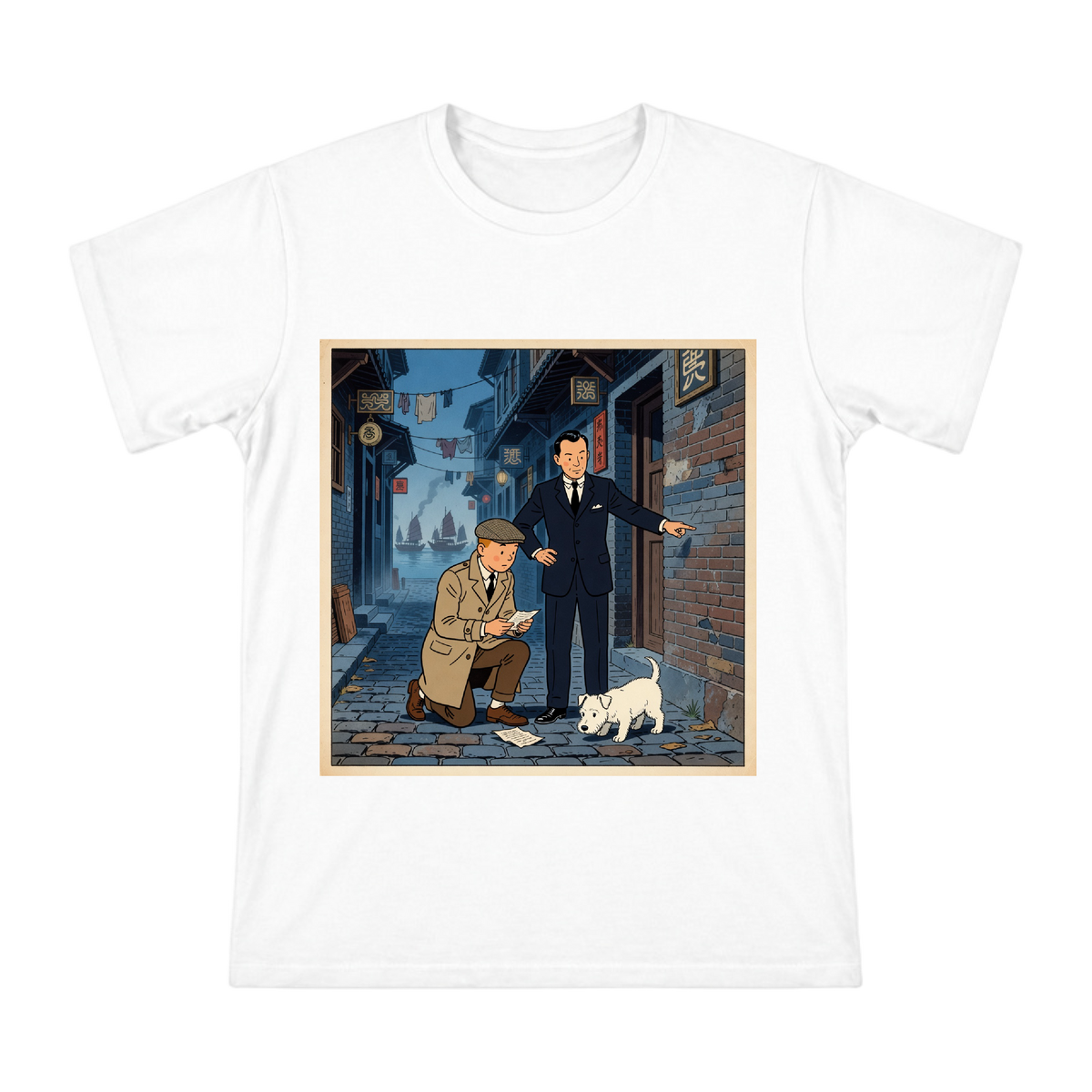 Tintin and Zhang Chongren Detective Adventure Retro Illustration Men's Cotton T-Shirt front [ai-pod:e55340a2c1082500f2b0fdfe2aff59c7]