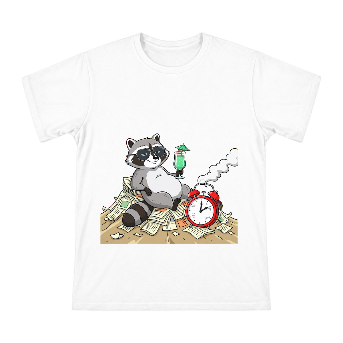 Relaxed Raccoon with Mint Drink and Smoking Alarm Clock Custom Print Men's Short Sleeve T-Shirt front [ai-pod:05407afcea206f834d4e0f3af1a49734]