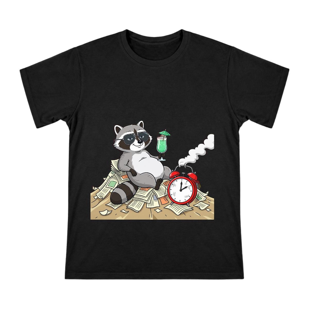 Relaxed Raccoon with Mint Drink and Smoking Alarm Clock Custom Print Men's Short Sleeve T-Shirt front [ai-pod:66c568dafddeee702247025b460a7881]