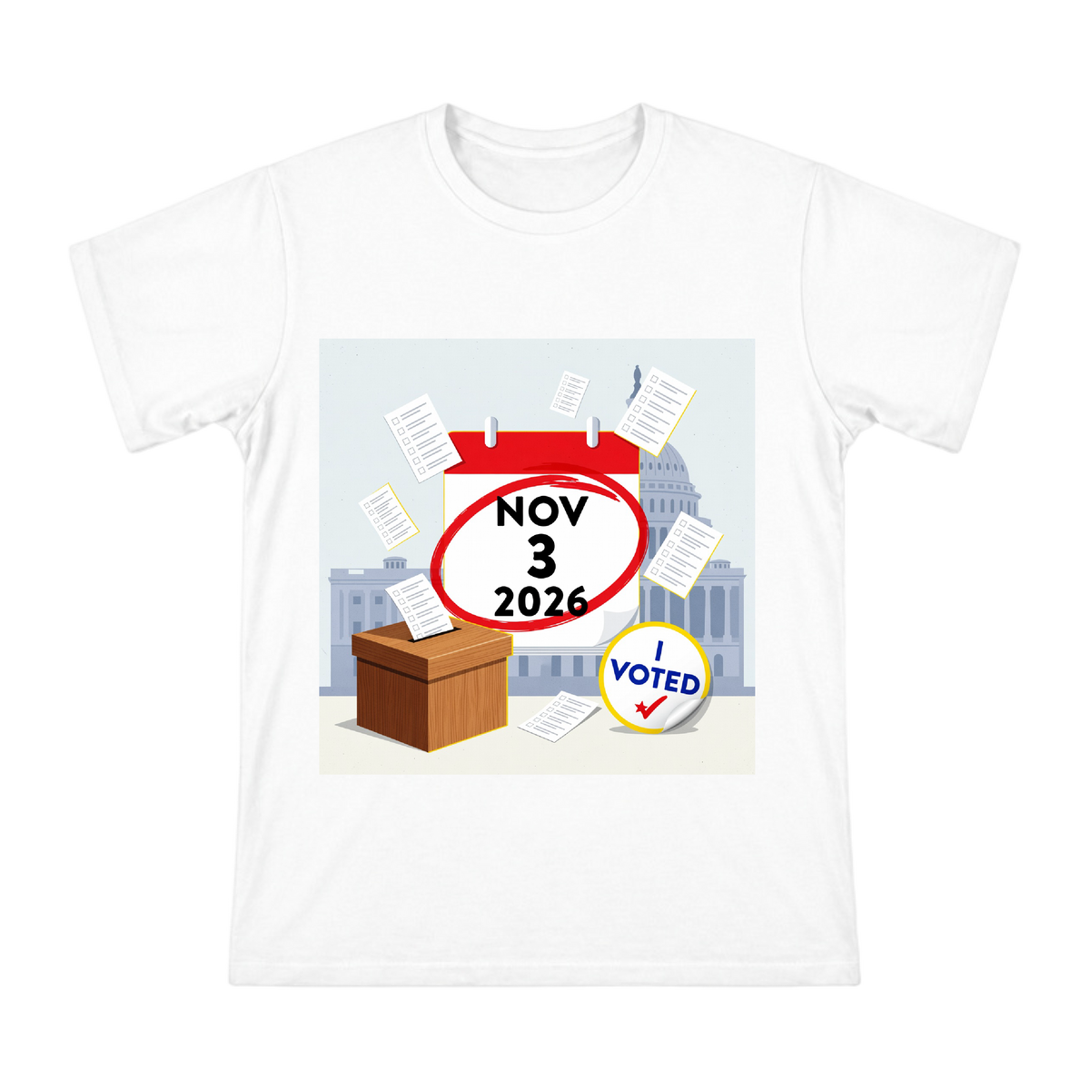 2026 Election Day Calendar & Voting Box Illustration Men's Short Sleeve T-Shirt front [ai-pod:618d604b8b315e60fdeeff1cf4ebaee0]