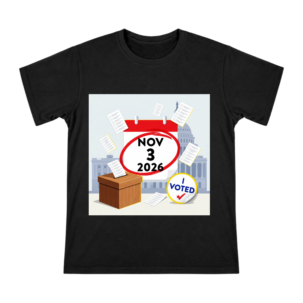 2026 Election Day Calendar & Voting Box Illustration Men's Short Sleeve T-Shirt front [ai-pod:3df5b0bbfe4317f6fcf7995e87c9e3e7]