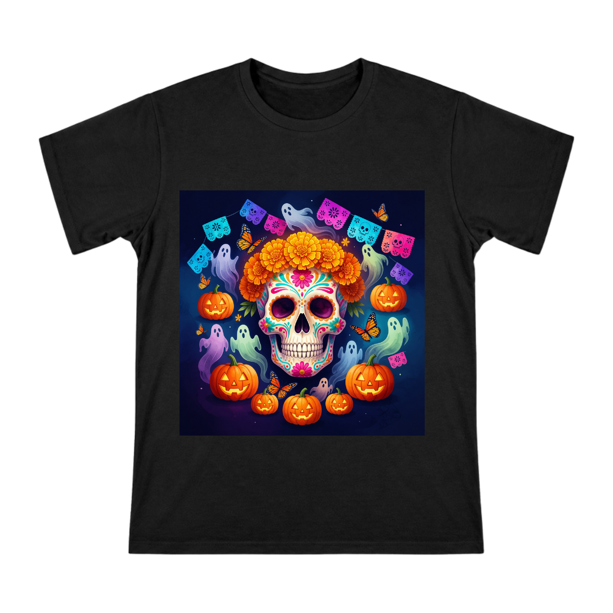 Sugar Skull with Marigold and Pumpkin Ghost Festival Men's Short Sleeve T-Shirt front [ai-pod:066331a5f3710d5a16c1b07de5d513e7]