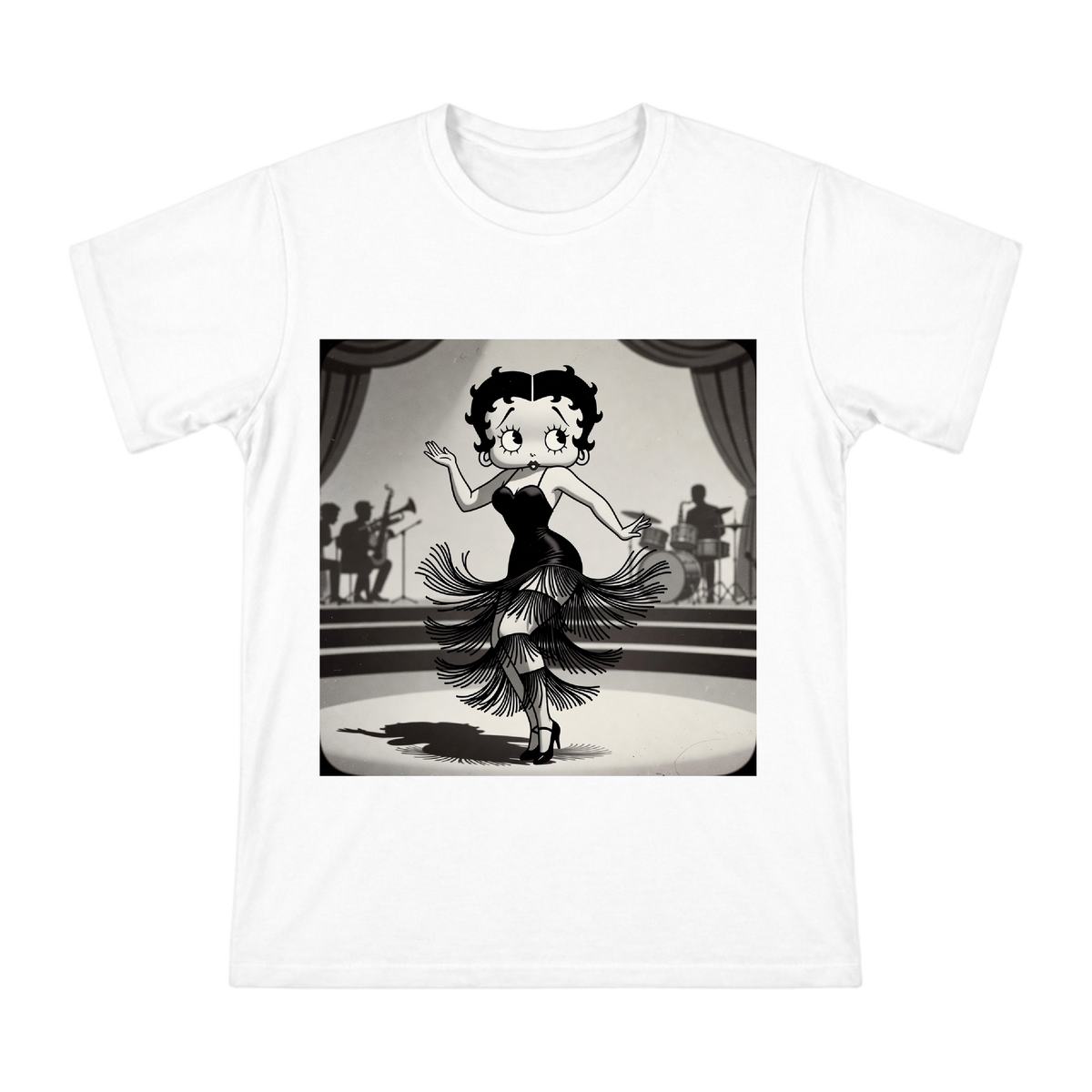Vintage Jazz Dancer in Fringed Dress, Retro 1930s Cartoon Style Men's Short Sleeve T-Shirt front [ai-pod:502d848c76032b7923754a428ded2c70]