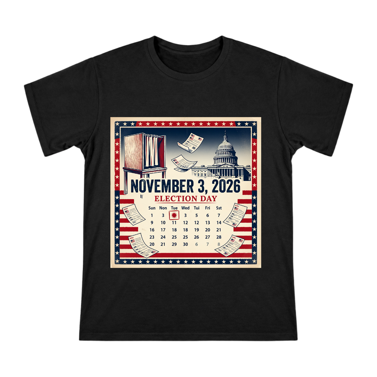 2026 Election Day Vintage Calendar Poster Men's Cotton T-Shirt front [ai-pod:30651c7d54ce4905070b2d4f188980ec]
