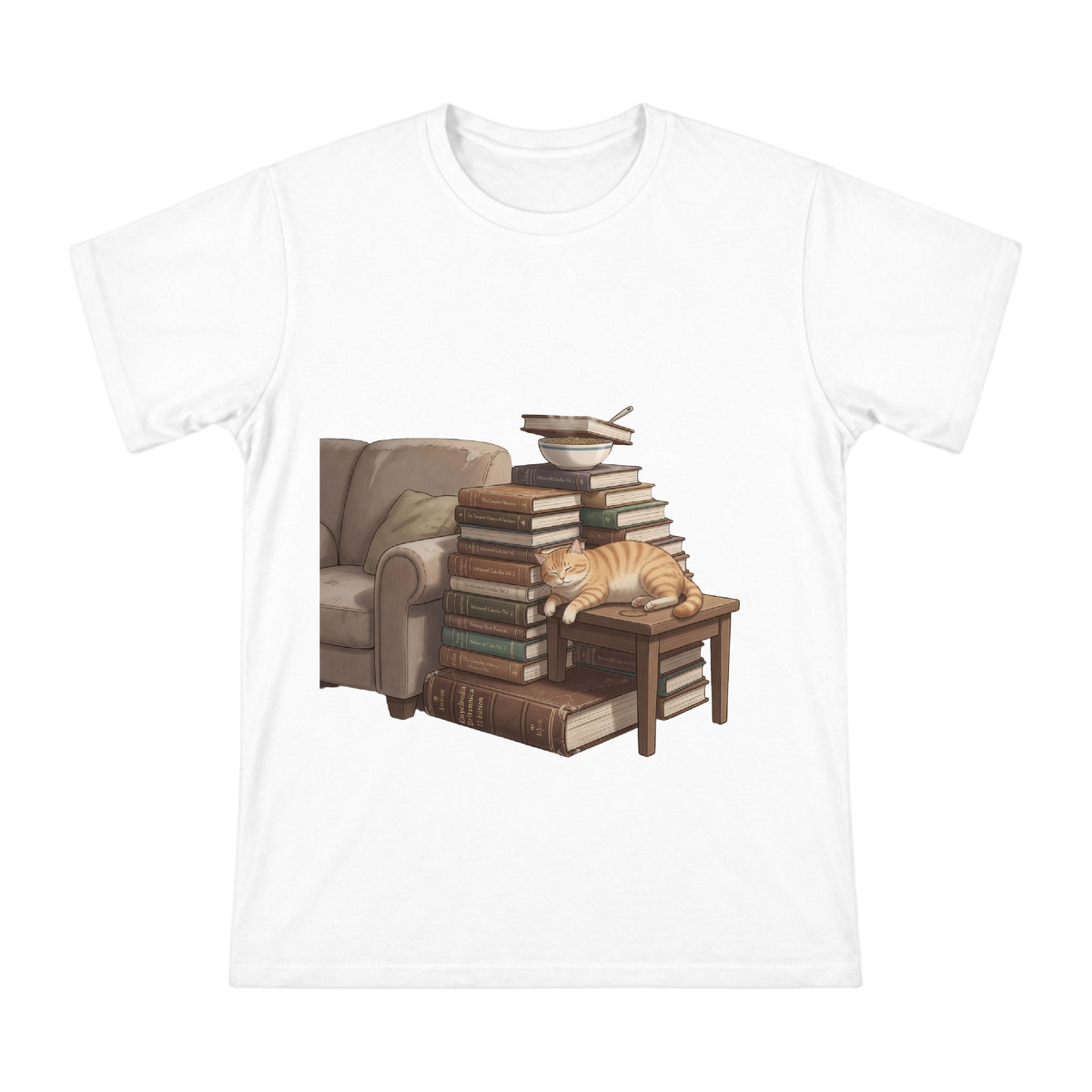 Sleeping Orange Cat on Books and Noodles Custom Print Men's Short Sleeve T-Shirt front [ai-pod:4670ae81bc2705d30e1d0dd9378a38db]