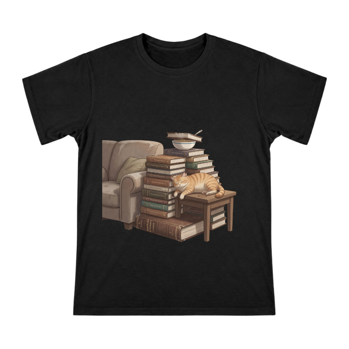 Sleeping Orange Cat on Books and Noodles Custom Print Men's Short Sleeve T-Shirt front [ai-pod:cf7828635388211542b3768d6b2490dd]