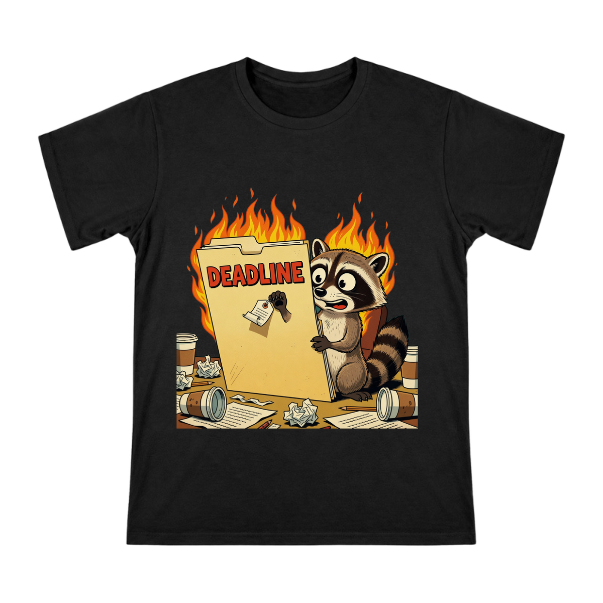 Burnt Deadline Panic Raccoon Retro Cartoon Graphic Men's Cotton T-Shirt front [ai-pod:a64ef9873a5fcf06a1df50d047d1d9dd]