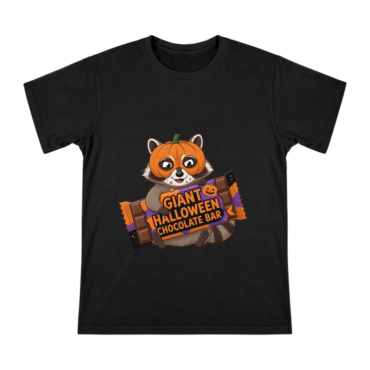 Cute Raccoon in Pumpkin Mask with Chocolate Bar Men's Custom T-Shirt front [ai-pod:d478a949aa5e18e6127f28950448c82e]
