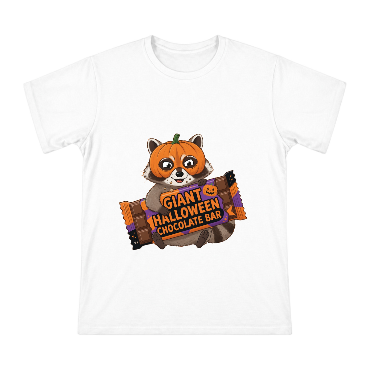 Cute Raccoon in Pumpkin Mask with Chocolate Bar Men's Custom T-Shirt front [ai-pod:2c9c62c670adafa8778c7a409969c190]