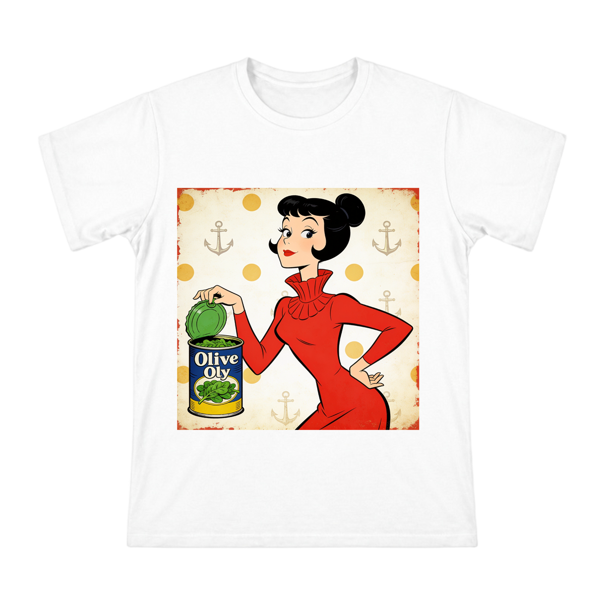 Retro Cartoon Olive Oyl Spinach Can Men's Short Sleeve T-Shirt front [ai-pod:c2ec7d177478a35aa25deb0e3e692671]