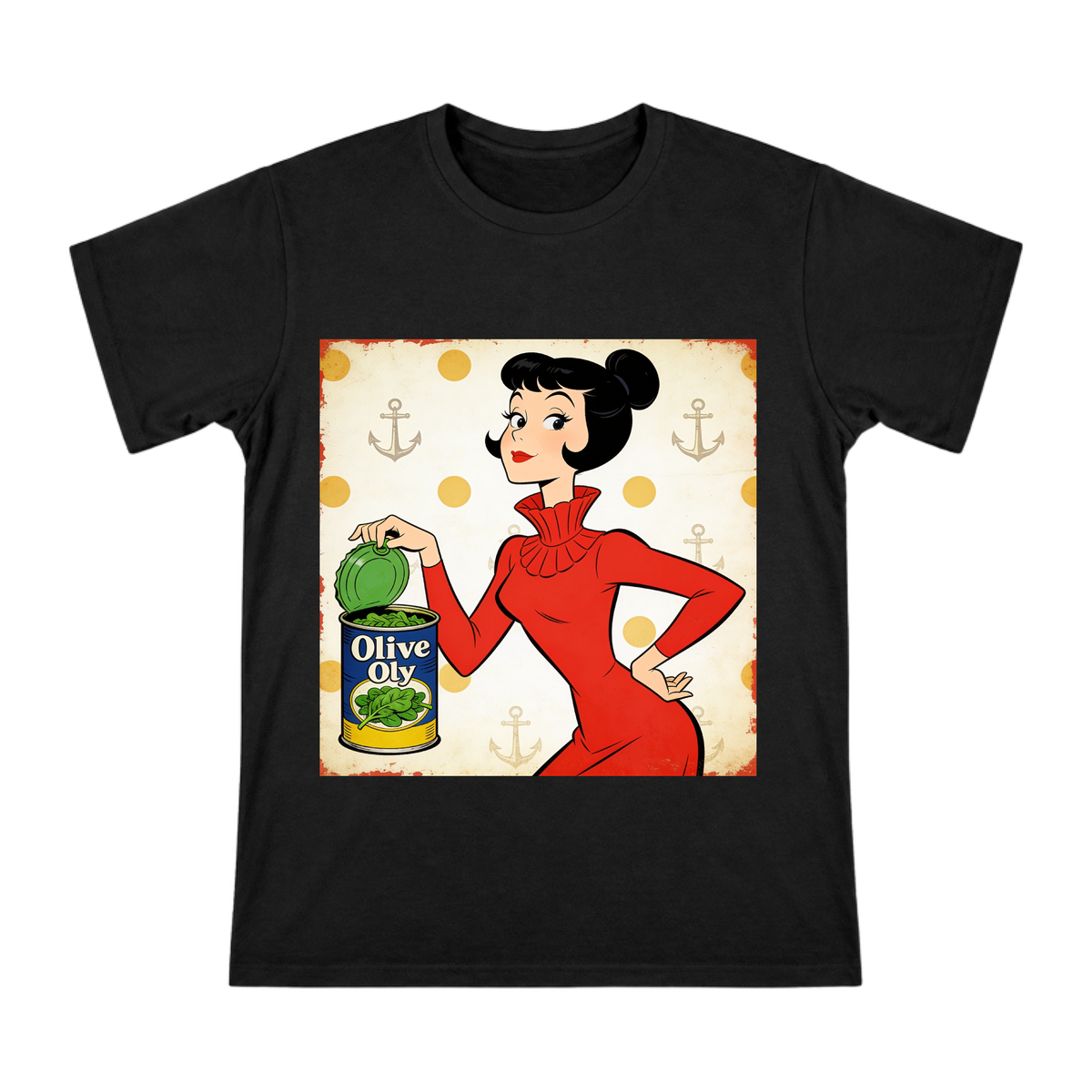 Retro Cartoon Olive Oyl Spinach Can Men's Short Sleeve T-Shirt front [ai-pod:2d6f10d56d629c24466cc9b229f1fa4c]