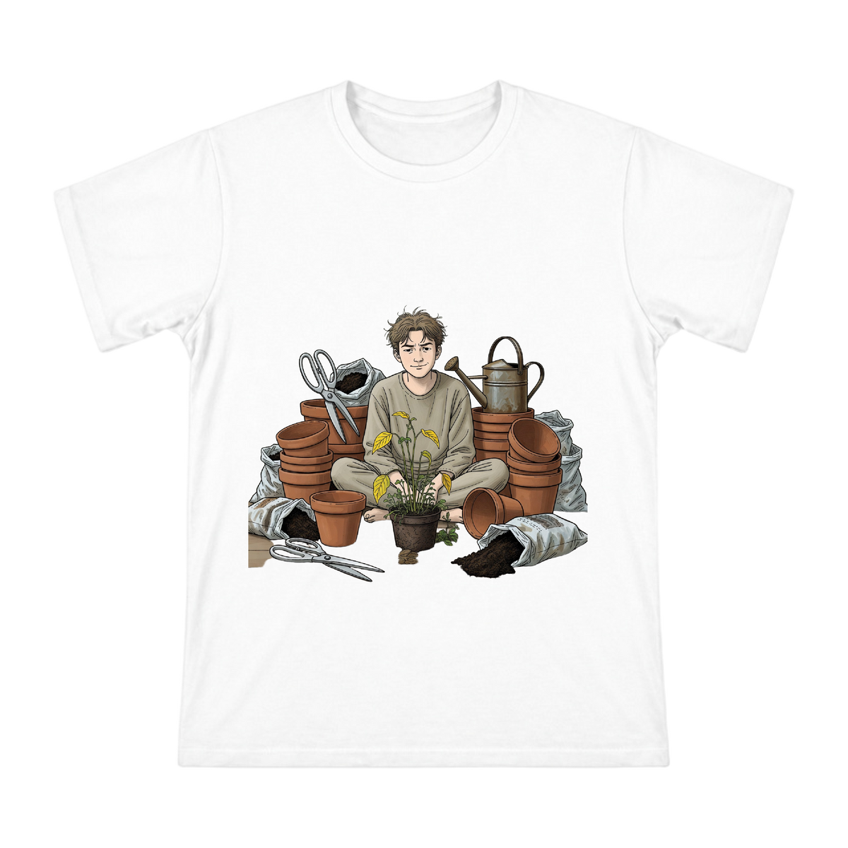 Gardening Novice's Wry Smile with Wilted Seedlings Men's Cotton T-Shirt front [ai-pod:4ed3be208bcf8c6d34e02b8c65f94dde]