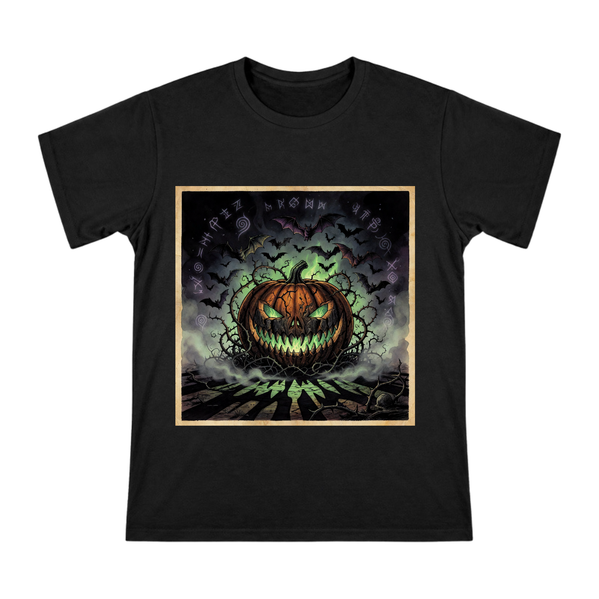 Dark Fantasy Glowing Pumpkin & Rune Bat Art Men's Premium Cotton T-Shirt front [ai-pod:ded11fee19faf7056034785eff2bb932]