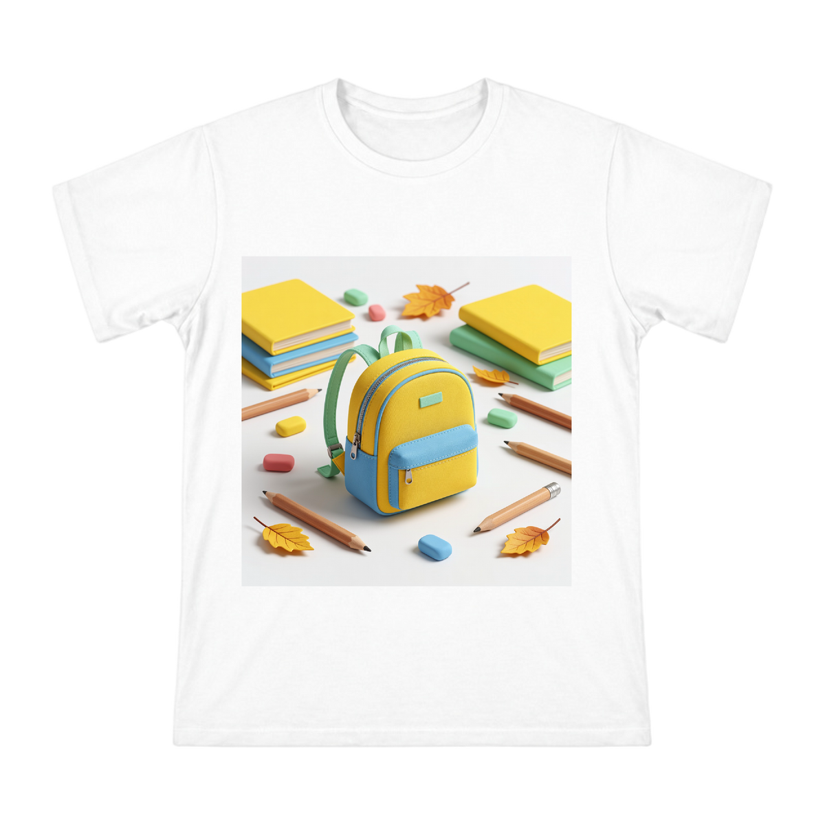3D Clay-Style Mini Backpack Pencil Case with School Supplies on Men's Premium Cotton T-Shirt front [ai-pod:ea06a3e3b69375442665482beeff8bd8]