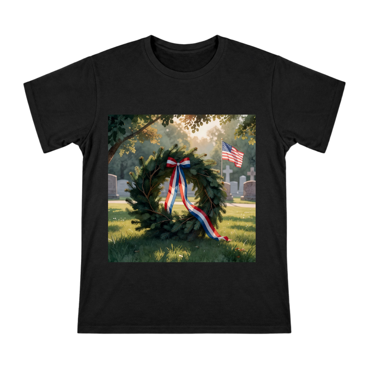 Patriotic Pine Wreath and American Flag Tribute Men's Cotton T-Shirt front [ai-pod:72ecdafd4672f3504cfbc28ac7f614b3]