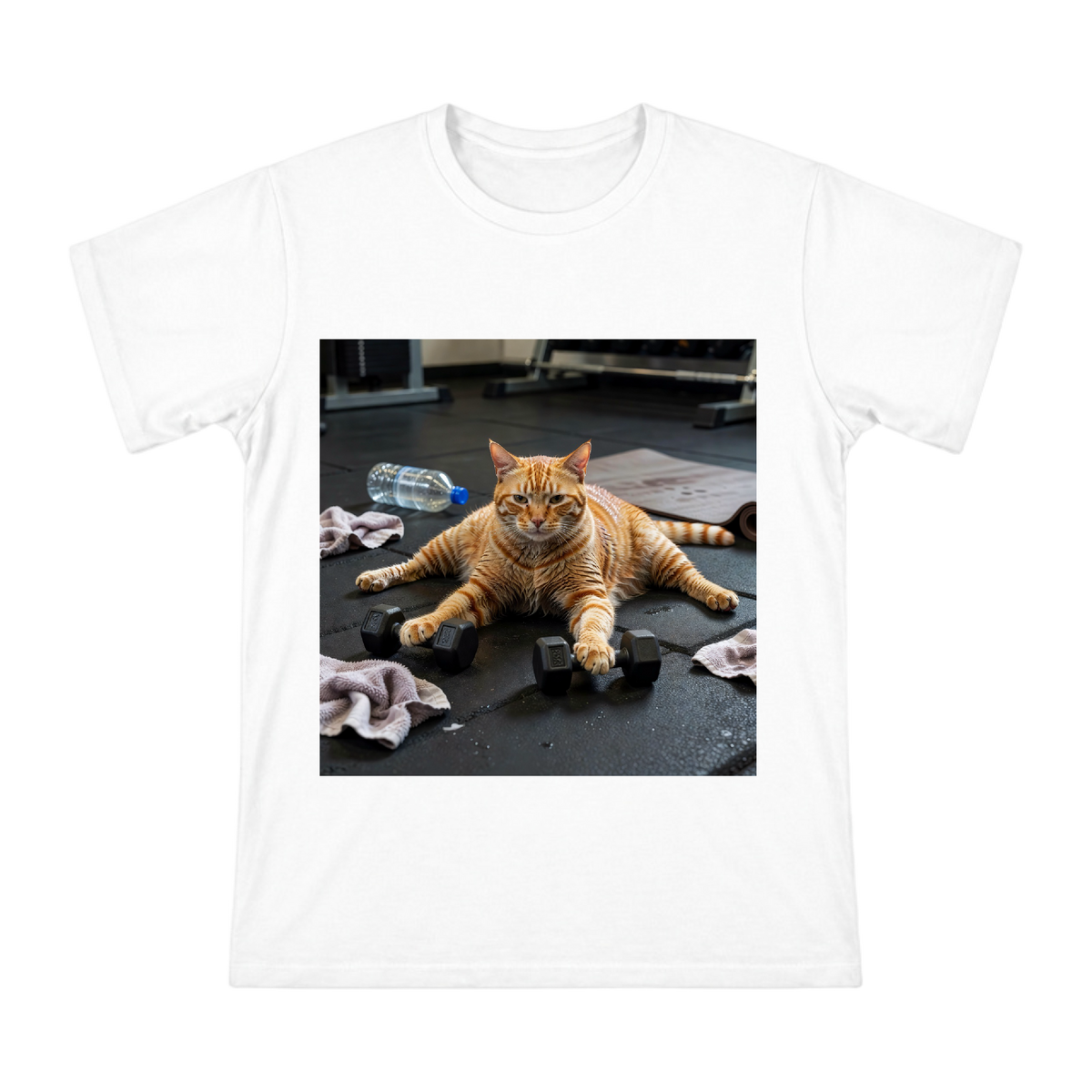 Exhausted Orange Cat Lifting Dumbbells T-Shirt front [ai-pod:2318af334bdad4db3c1b0579b75441b0]