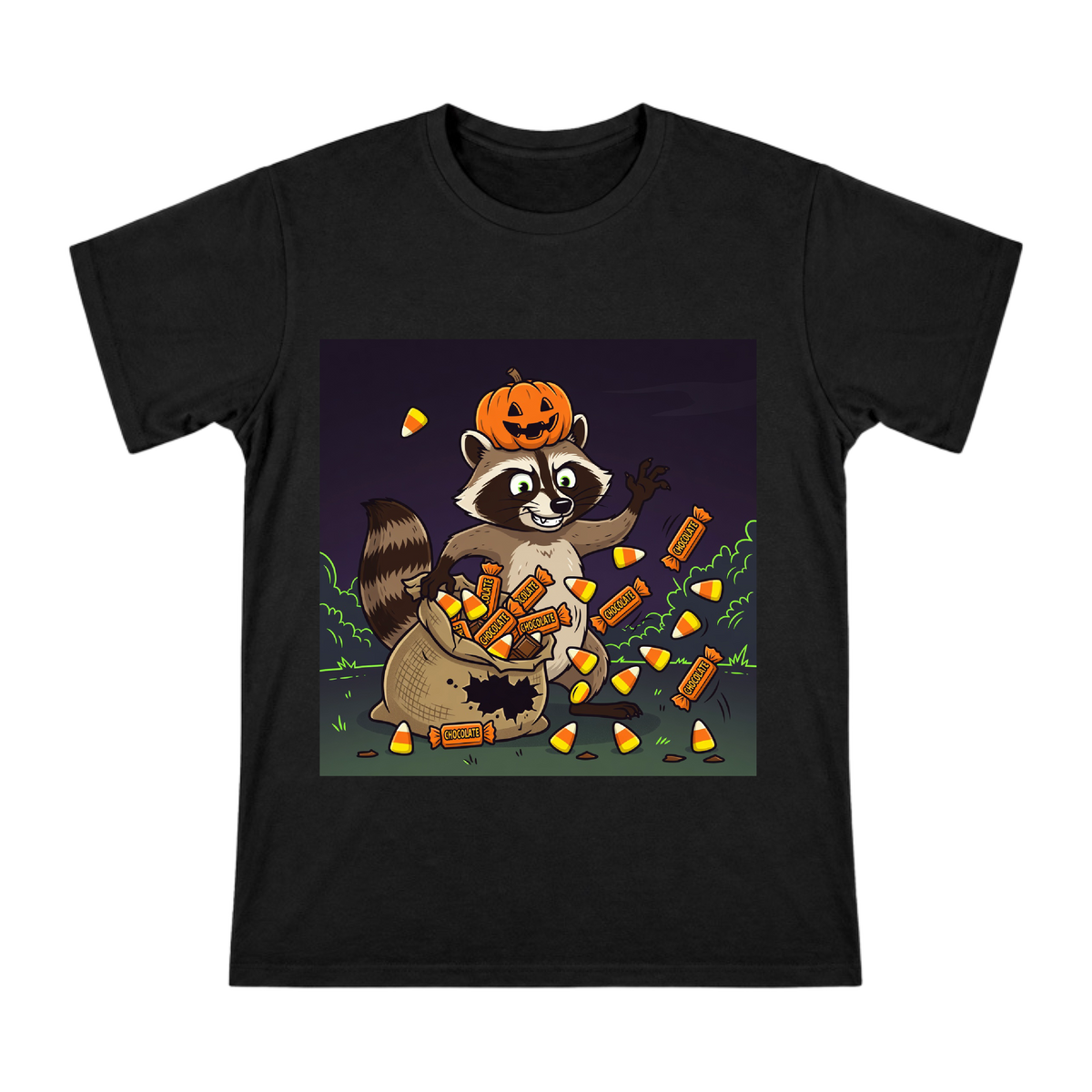 Cunning Raccoon with Pumpkin Hat and Halloween Treats Men's Custom T-Shirt front [ai-pod:2b8bea70bac4002f0231cd71cba86722]