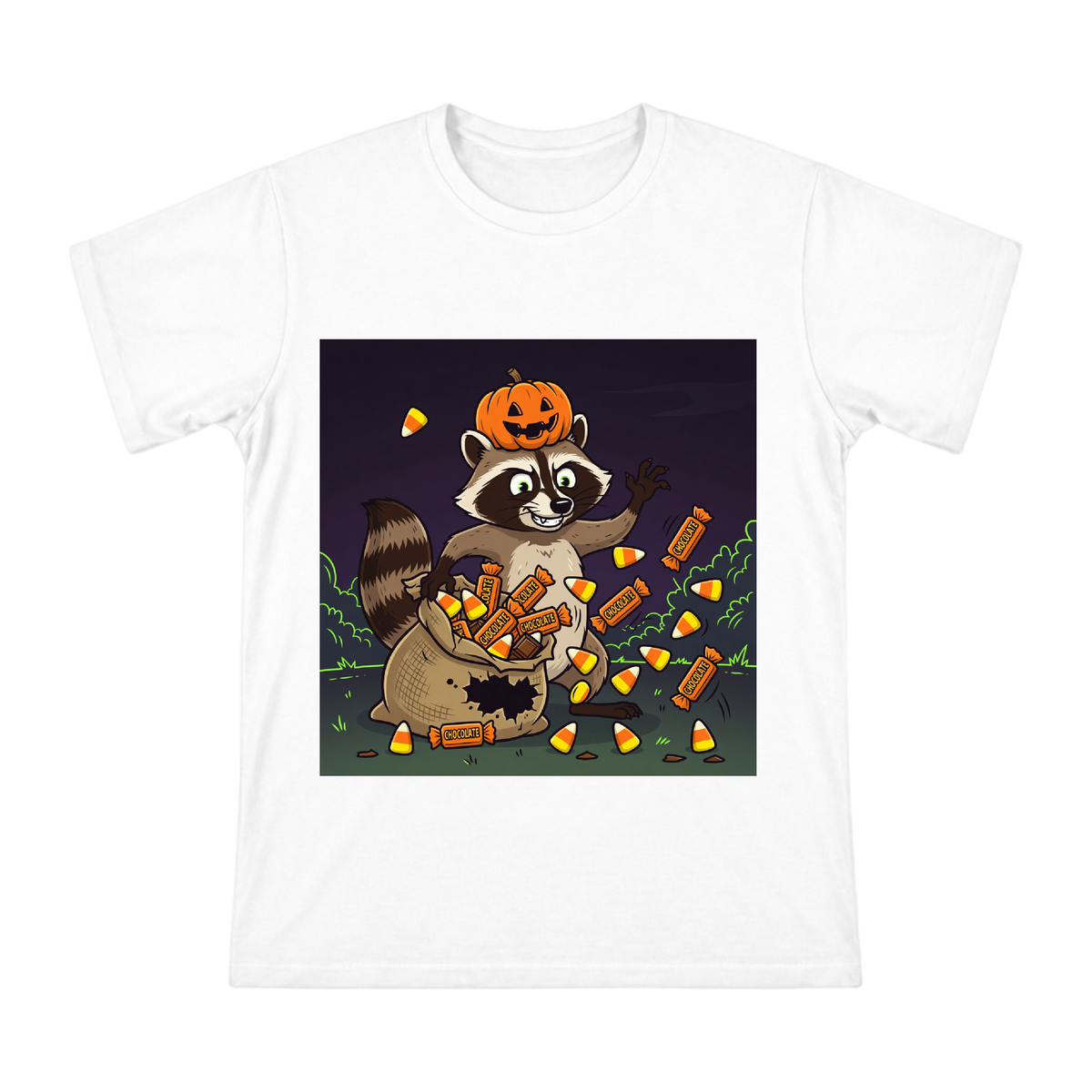 Cunning Raccoon with Pumpkin Hat and Halloween Treats Men's Custom T-Shirt front [ai-pod:20536de95b489e59447a4c8ff4a2e9d5]