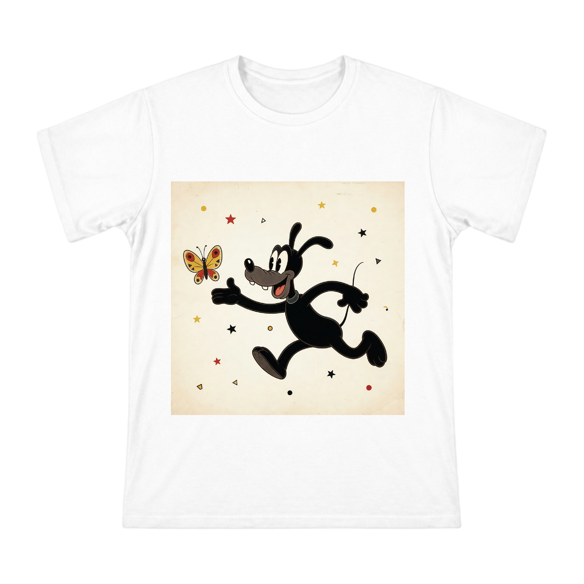 1930s Retro Cartoon Dog Chasing Butterfly Print Men's Cotton T-Shirt front [ai-pod:719c1d75121d7b3770f9ed2ad6720d89]