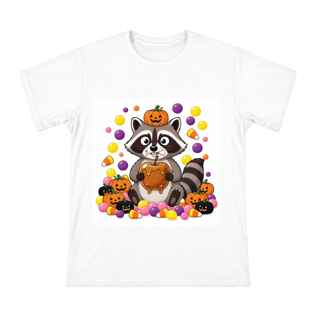 Cute Raccoon Eating Caramel Apple Halloween Illustration Men's Short Sleeve T-Shirt front [ai-pod:4f7fed293efeadb34ef1d68192be9d2a]