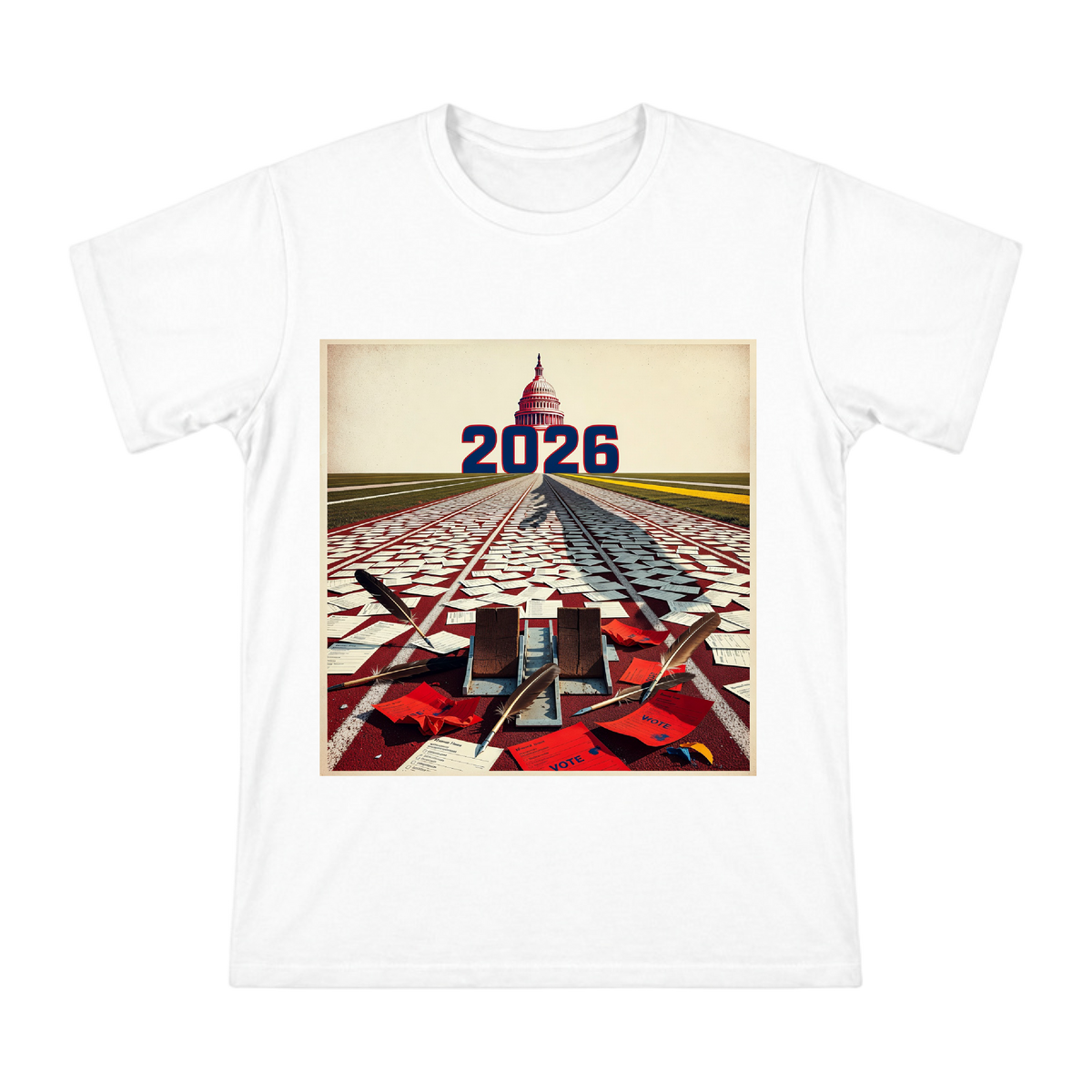 2026 Retro Campaign Track and Feather Quill Vote Print Men's Short Sleeve T-Shirt front [ai-pod:c527ae3f5e859b3eb4ed99191d708cb8]