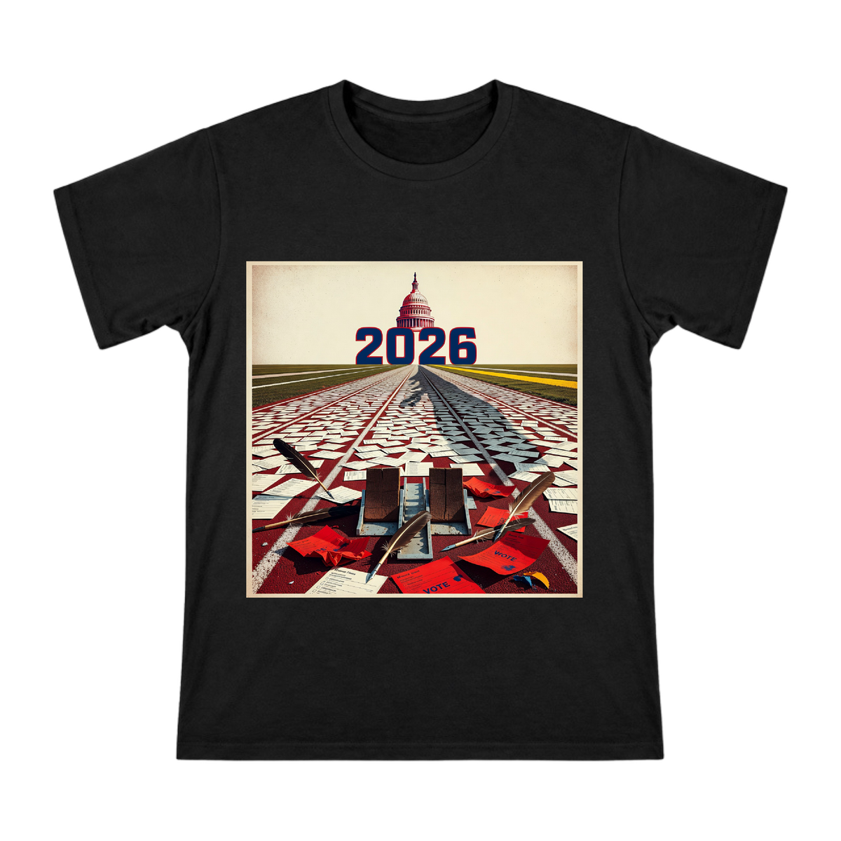 2026 Retro Campaign Track and Feather Quill Vote Print Men's Short Sleeve T-Shirt front [ai-pod:68d7b384dd2211833ebc05d9f92f8a4a]
