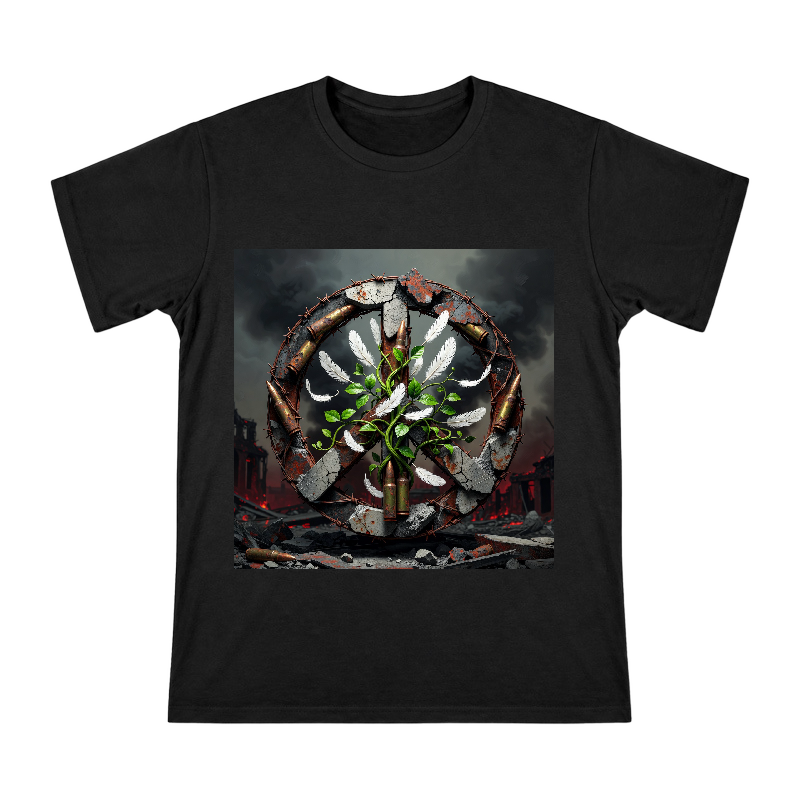 Ruins Reborn: Rust and Green Leaves Peace Declaration Men's Short Sleeve T-Shirt front [ai-pod:4e35dbe0f361690c27d4dffc7be7e4e7]